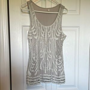 Women’s sz L tank top crocheted sparkly taupe scoop neck lined dressy summer